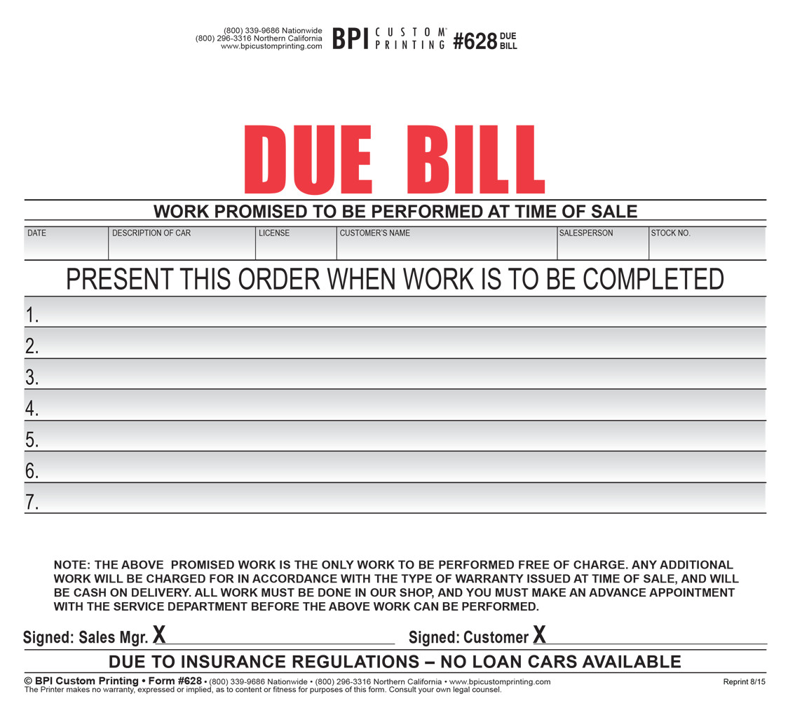 Category Due Bills BPI Custom Printing